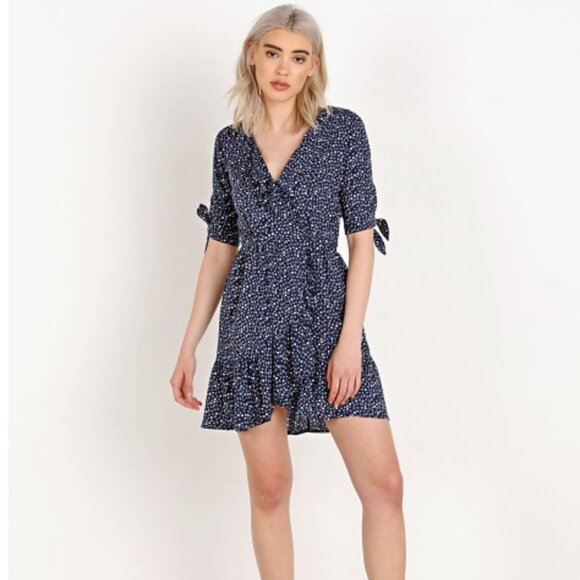 Auguste the Label Daphne Crop Sleeve Blue Floral Mini Wrap Dress - Picture 1 of 9